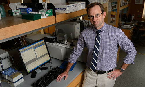 Nathan Alder, assistant professor of molecular and cell biology, at his lab. (Peter Morenus/UConn Photo)
