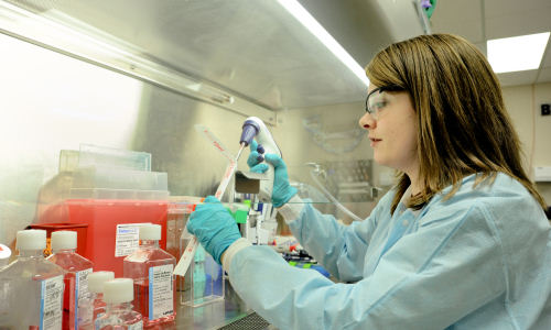 Crystal Randall, an Army microbiologist on ECBC’s in vitro research team, conducts laboratory research. (U.S. Army photo by Conrad Johnson)