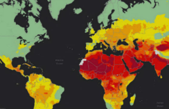 This WHO heat map shows the highest (red) and lowest (green) levels of air pollution worldwide. Credit: Image courtesy of World Health Organization