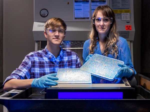 Ryan Randall (R) and Caelan Radford hold up cultures of lab bacteria with mutated proteins fluorescing in various colors. Credit: Georgia Tech / Rob Felt