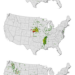 Spatial distribution of production loss by agricultural district from sustainable groundwater scenarios with varying recharge rates for corn (top map), soybean (middle map), and winter wheat (bottom map).