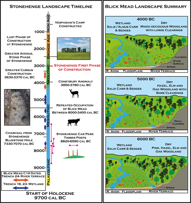 A) Timeline of the Stonehenge landscape and B) A representation of the development of vegetation history at Blick Mead