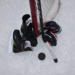 Hockey skates, puck, gloves and stick next to a goal.