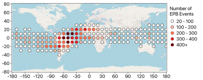 Map of Equatorial Plasma Bubble (EPB) events across the Earth