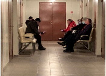 Patients waiting in basement at Clinical Hospital “Feofaniya” in Kyiv.