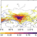 Dust aerosol concentration (contours with interval of 20000 kg/m2) caused by the Mongolian cyclone and its corresponding standardized value of the Himawari-8 red channel (shading; red coloring denotes dust)