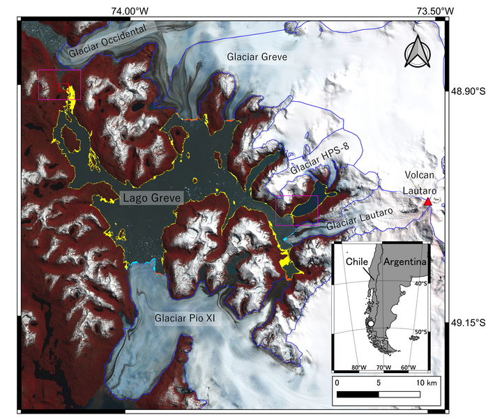 Satellite image of Lago Greve, Chile and surrounding landmarks