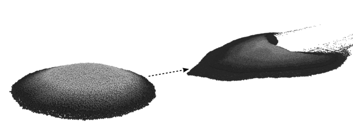 Numerical computation showing an initial heap being deformed into a barchan dune