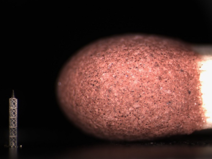 Photograph of the refractive X-ray lens (left bottom corner) compared to a head of matchstick.