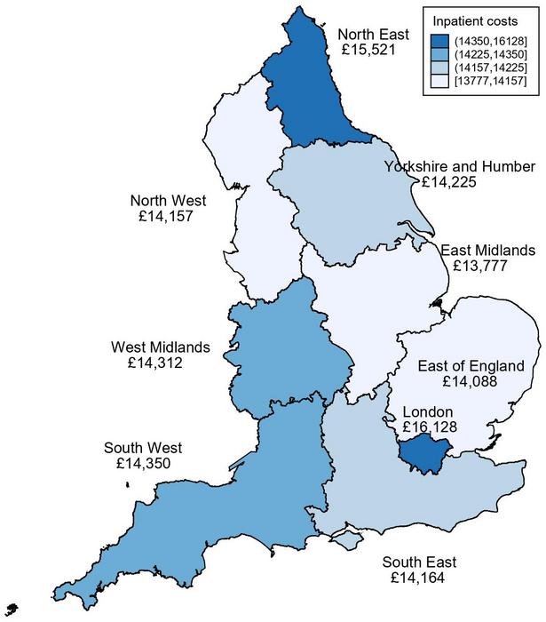 Map of Inpatient costs after a hip fracture