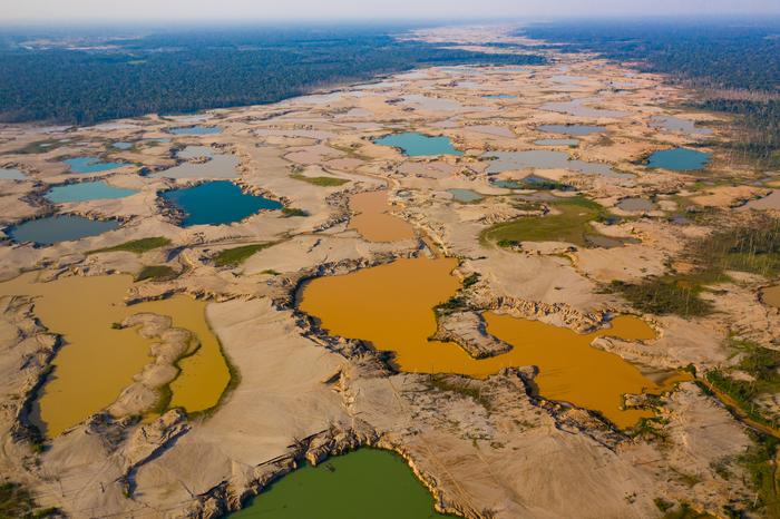 Shallow mining ponds in the La Pampa region of Madre de Dios, Peru