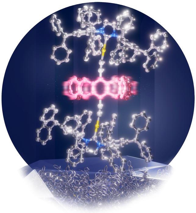 Artistic depiction of a giant rotor molecule rotating in the solid state