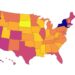 U.S. map illustrating percentage of increased viral boosts of COVID-19 public health tweets mentioning BTS, by state.