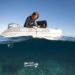 Sarah Hamylton lowering an underwater camera from a boat for coastal research