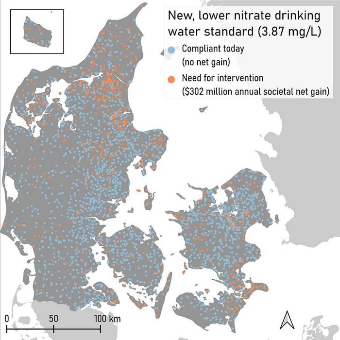 The annual net gain from a lower nitrate water standard