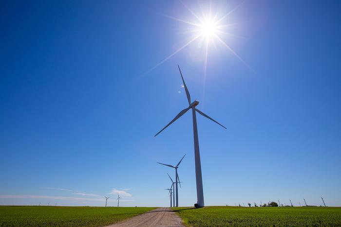 Wind turbines over rural Iowa.