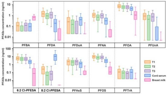 Box-plots of concentrations of PFAS with > 50% detection in maternal serum across trimesters (T1-T3), cord serum or breast milk (ng/mL).”></p>
<p class=