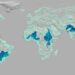 Aquatic ecosystems at higher risk of receiving land-based waste. Dark blue highlights key areas (including rivers and their basins, and coastal zones) with the highest risk of receiving land-based waste.