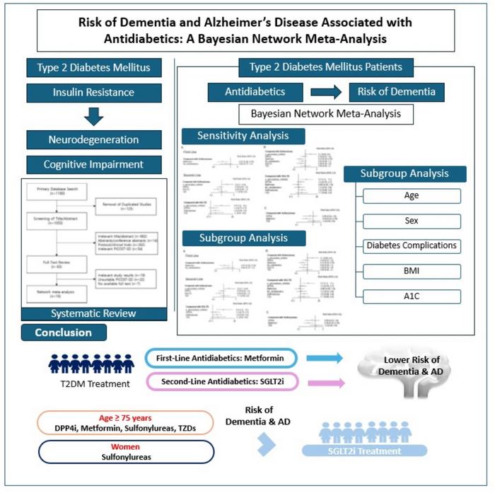 Graphical abstract depicting the results of a Bayesian network meta-analysis of the risk of dementia and Alzheimer’s disease (AD) associated with antidiabetic drugs