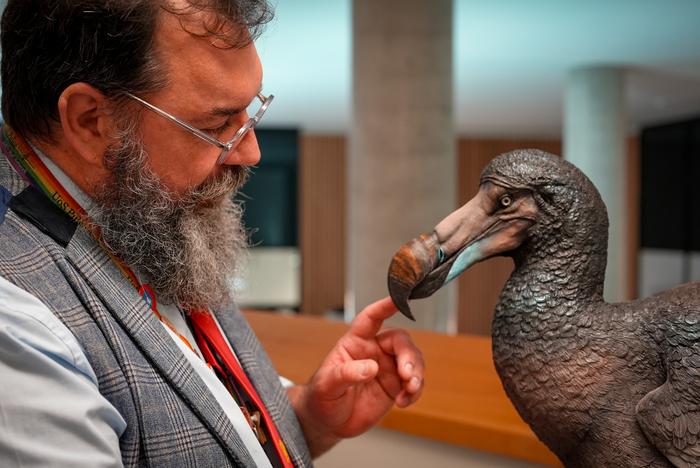 Dr Neil Gostling with palaeoartist Karen Fawcett’s Dodo sculpture.