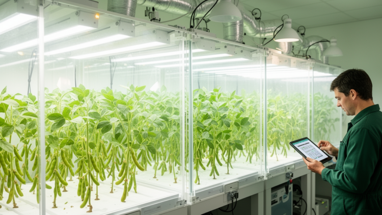 Bayesian workflow analyzes censored soybean R6 timing across CO₂, light and photoperiod treatments