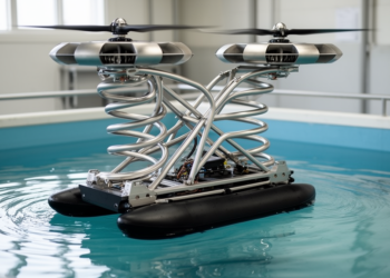 Double-helical mechanism lifts and rotates amphibious vehicle rotors
