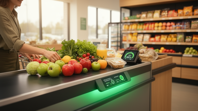 Simulated grocery checkout system estimates 23.4% median emissions reduction, but consumer effects remain unvalidated