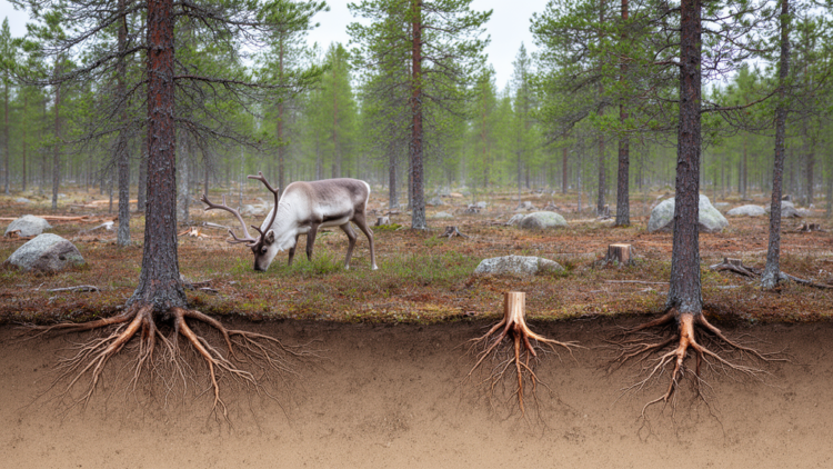 Reindeer grazing reduces roots in three Finnish pine forests