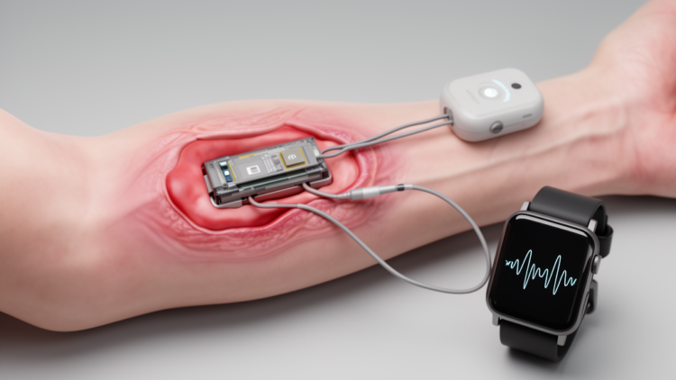 Body tissue links miniature implants to wearable health devices
