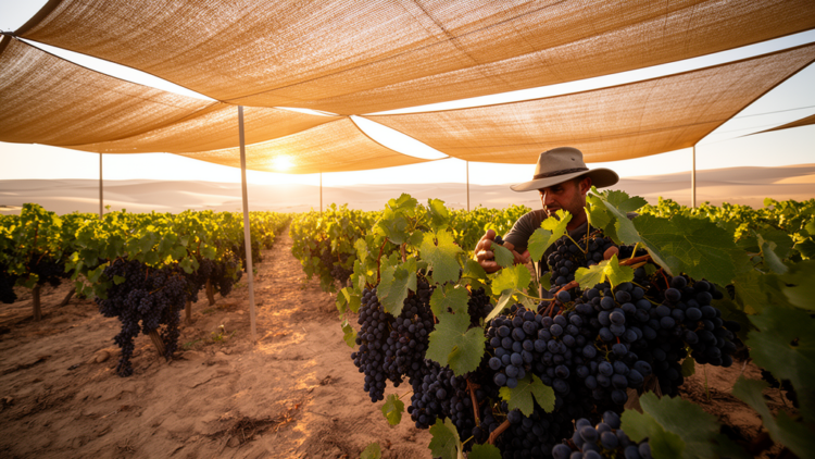 Double-layer curtain canopies shield Syrah grapes from extreme desert heat and lift wine quality