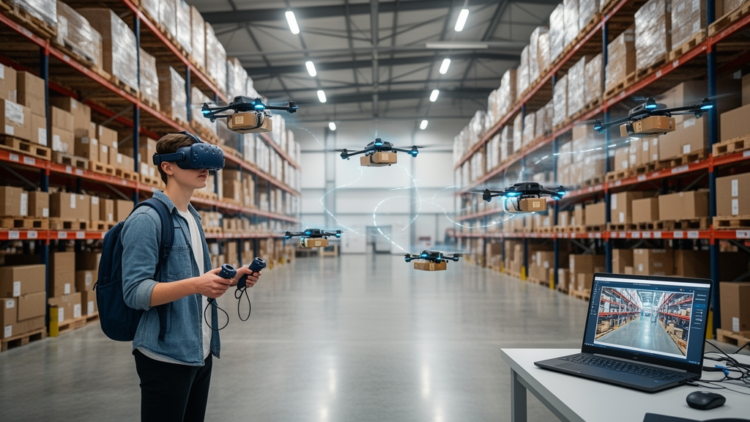 Student proof of concept pairs virtual reality with warehouse drones