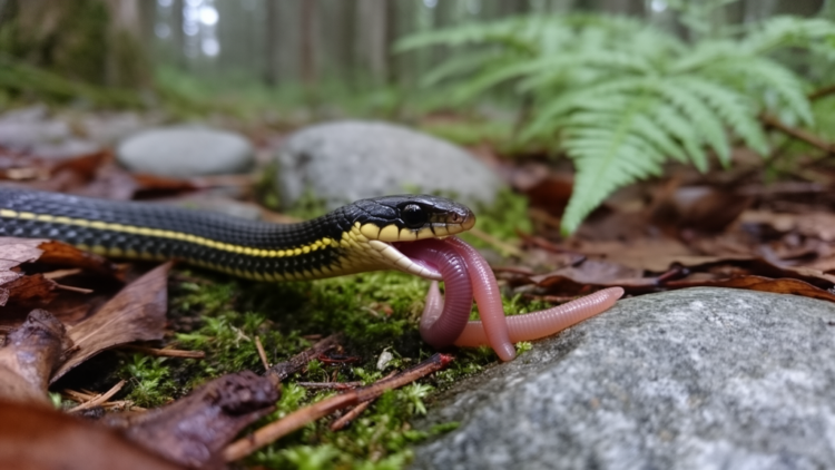 Island Gartersnake Photographed Eating Invasive Earthworm on Isle Royale