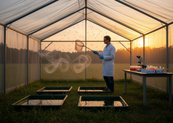 Bacterial symbiont Chromobacterium anophelis disrupts mosquito swarming and mating in semi-field tests