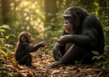 Wild chimpanzee mothers hand tools to infants, footage reveals teaching in action