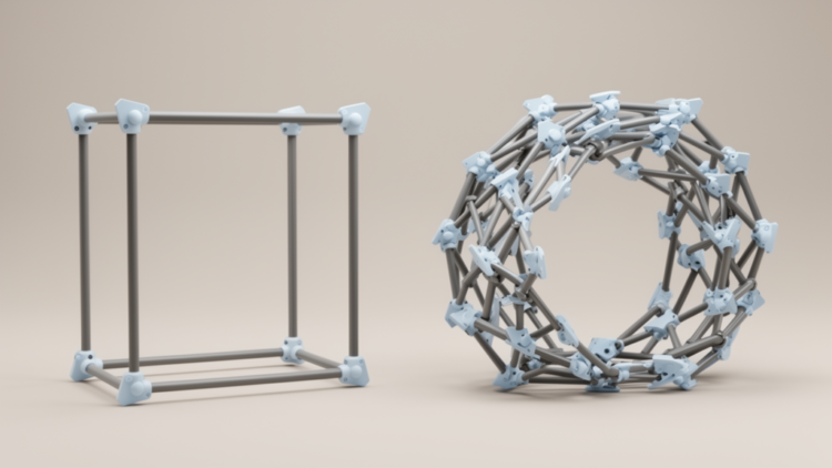 Reusable freeform structures: straight rods and planar nodes rebuilt into new forms