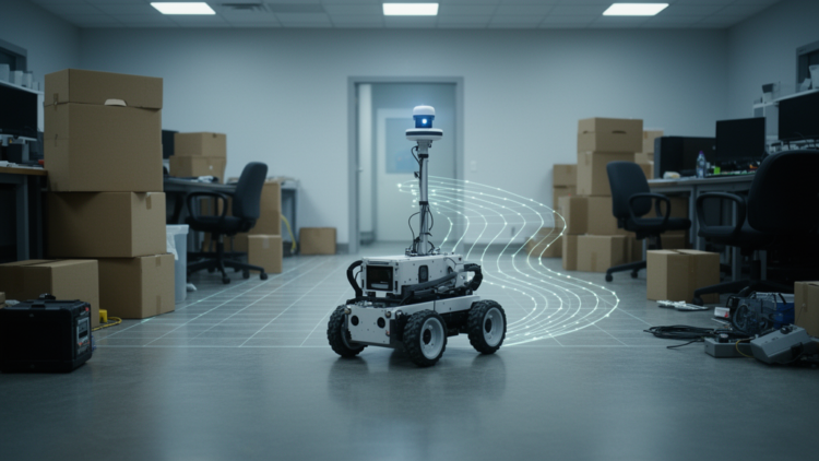 Simulated Robot Navigates Cluttered Space with Theta* Planning and LIDAR Mapping