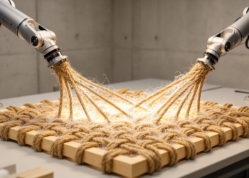 Robots braid hemp rope into mold-free building panels bound by living fungus
