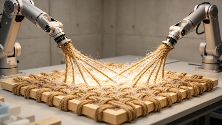 Robots braid hemp rope into mold-free building panels bound by living fungus