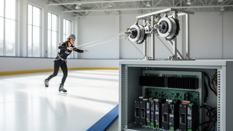 Hysteretic controller cuts switching wear in skating-training cable robot drives
