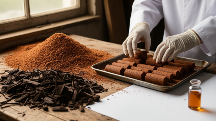 Sawdust from a termite-resistant African tree yields antioxidants and clean-burning fuel briquettes