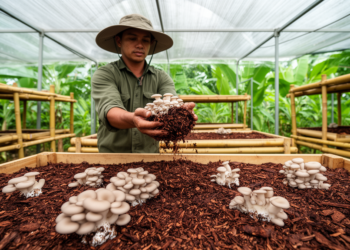 Tropical mushroom growers may skip composting with a simple cocoa husk and rice bran mix