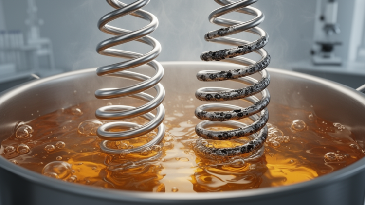 Molybdenum halves corrosion of stainless spring wire in hot acidic cleaners