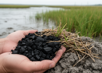 Biochar and halophyte litter lock carbon into salty coastal soils