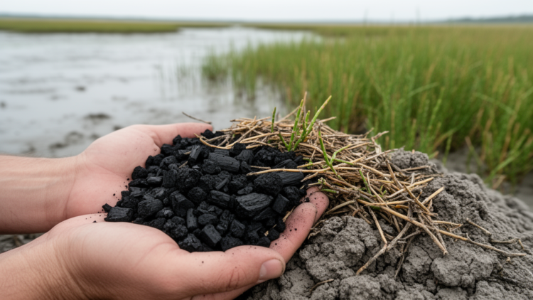 Biochar and halophyte litter lock carbon into salty coastal soils