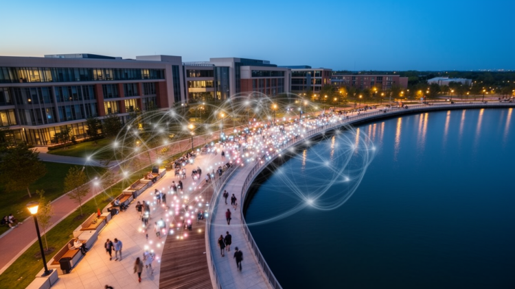 Graph Neural Networks Map How Campus Waterfront Spaces Move and Hold Their Visitors